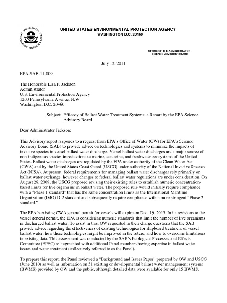 EPA Report Efficacy of Ballast Water Treatment Systems A Report by