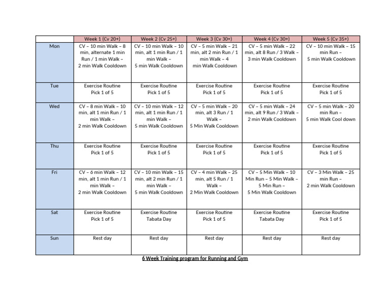 6-Week Running & Gym Training Plan | PDF | Physical Fitness | Physical ...