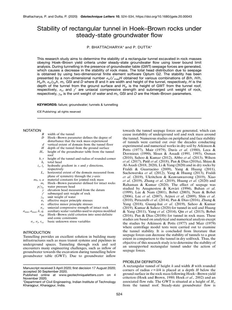 Stability of Rectangular Tunnel in Hoek Brown Rocks Under Steady State ...