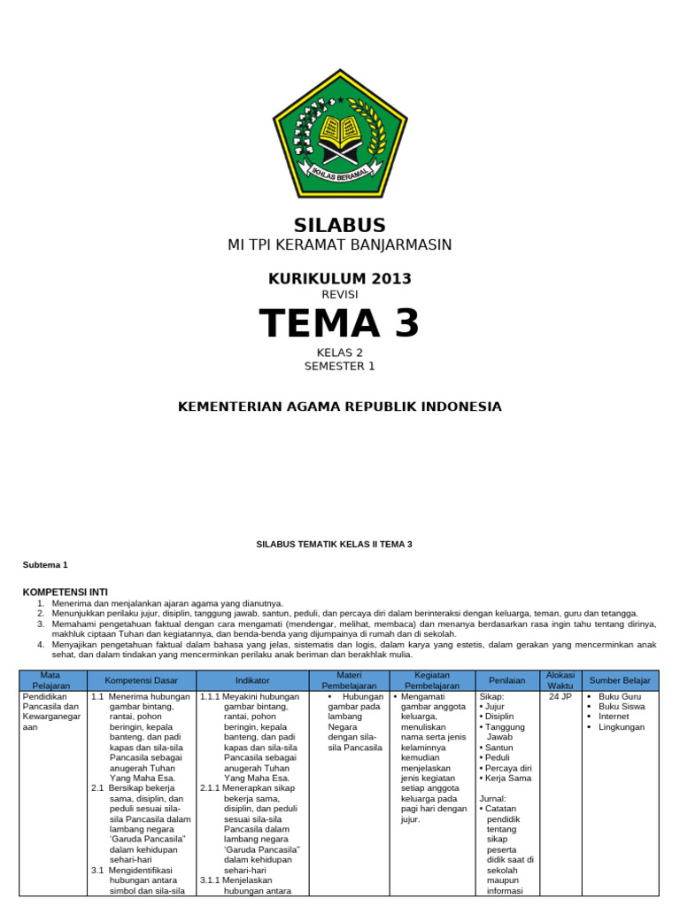 Silabus Kelas 2 Tema 3 Kurikulum 2013 | PDF