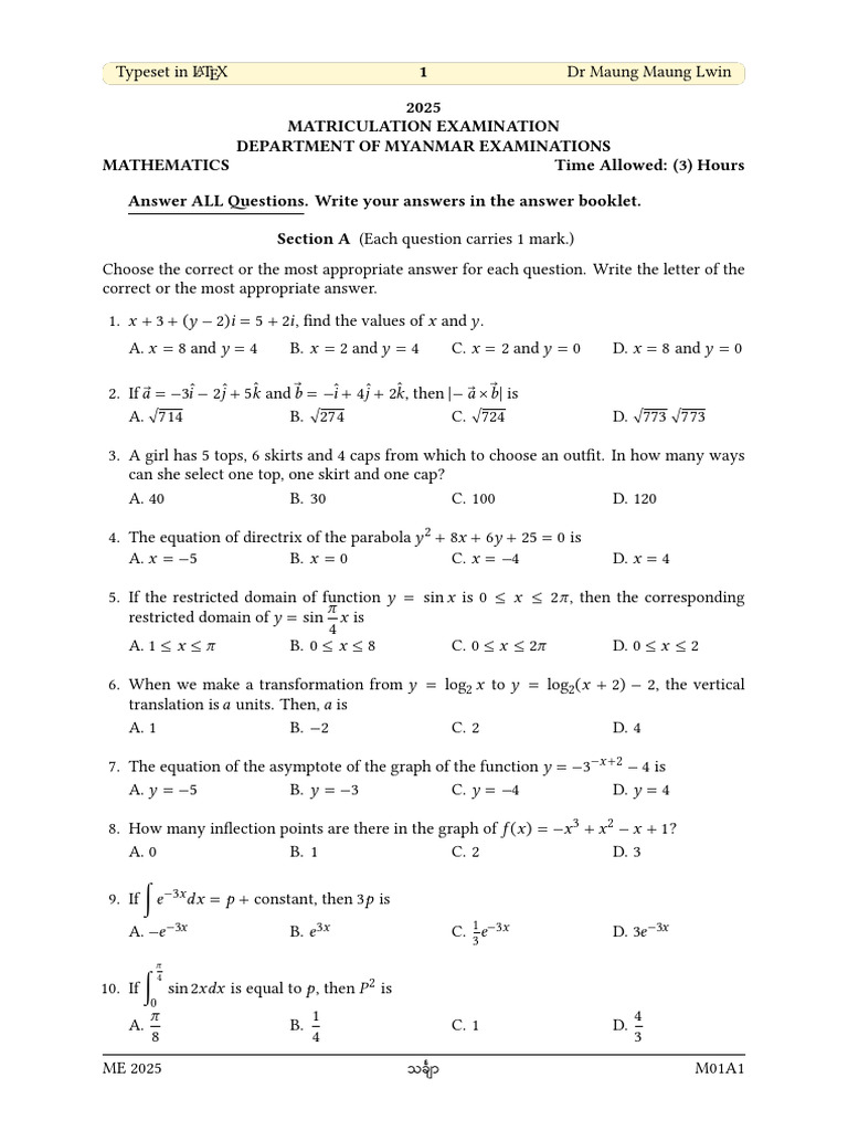 Me 2025 Math All | PDF | Function (Mathematics) | Area