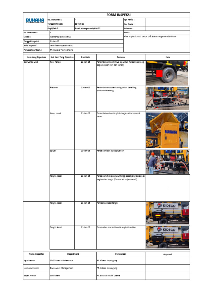 Inspeksi Final Bukaka Asphalt Distributor | PDF