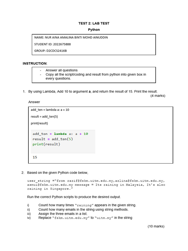 Python Lab Test: Coding Exercises | PDF | Boolean Data Type | Computer ...