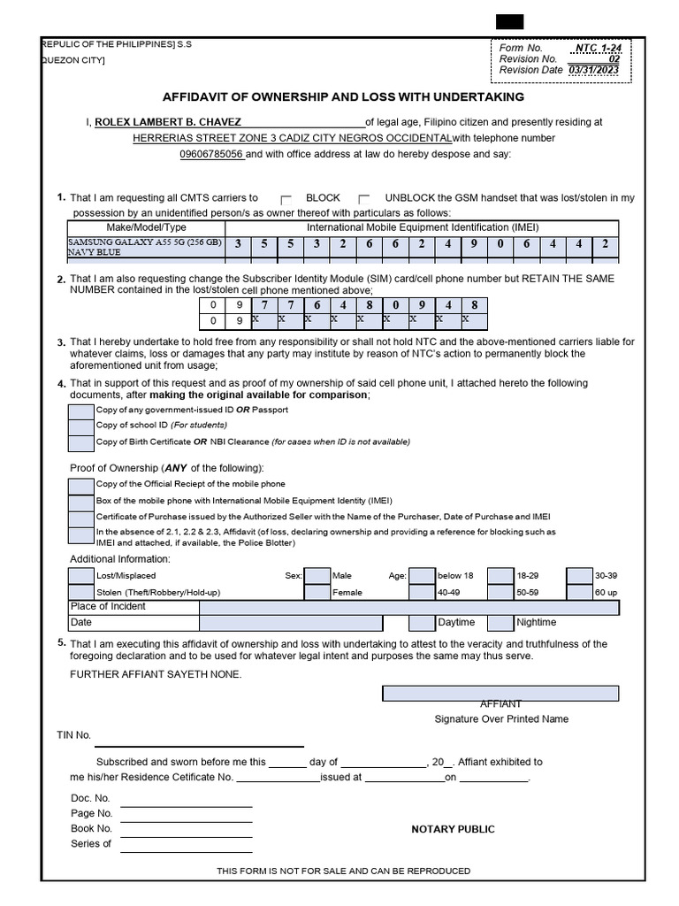 NTC SIM Ownership Change Affidavit | PDF | Affidavit | Mobile Phones