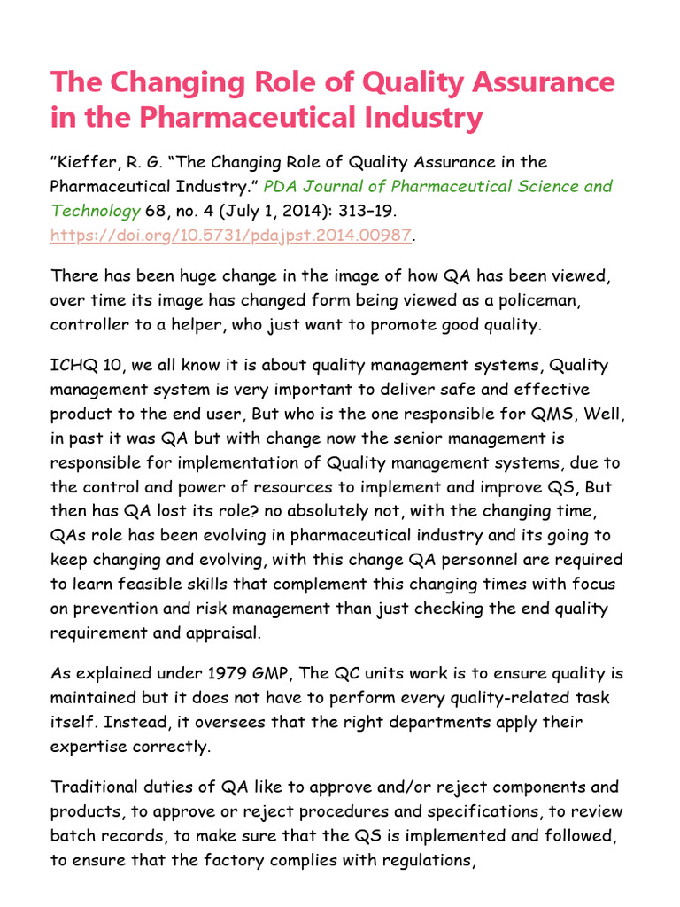 The Changing Role of Quality Assurance in The Pharmaceutical Industry ...