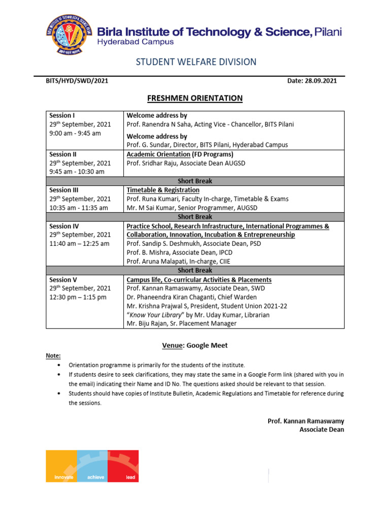 Freshmen Orientation 2021-22 | PDF