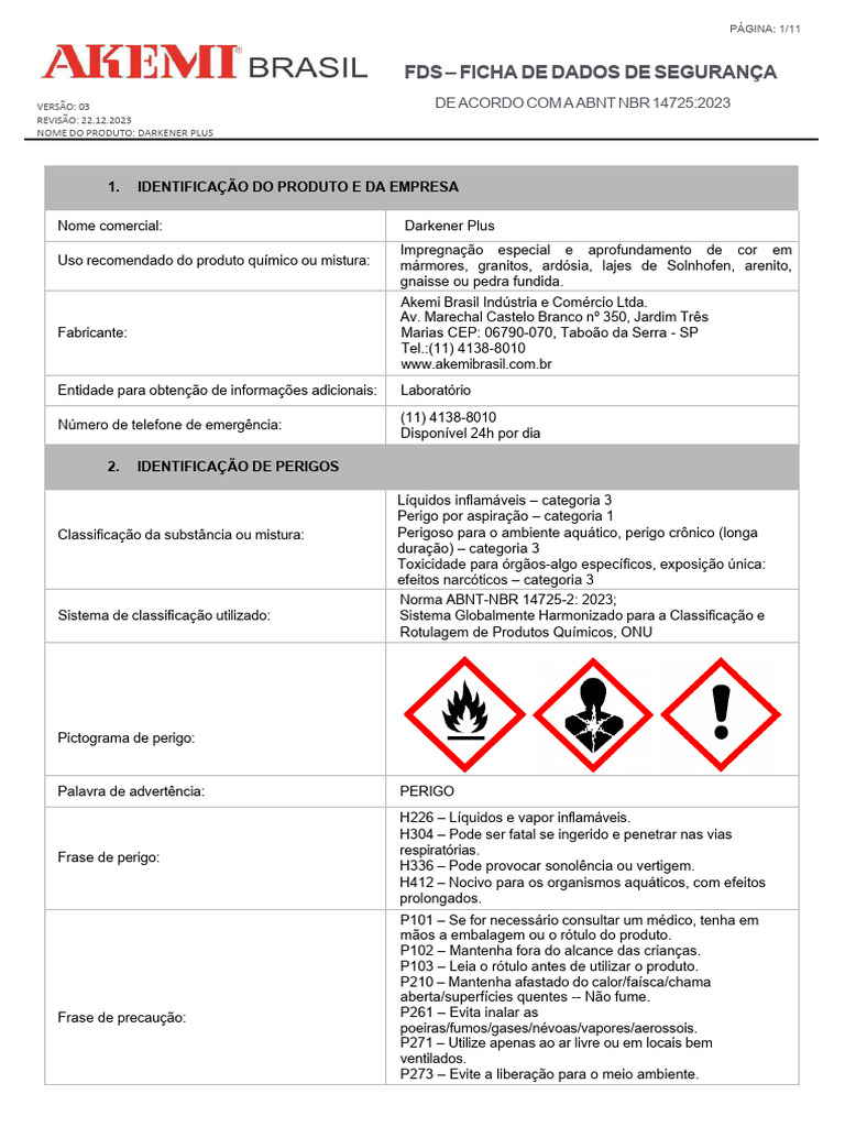Ficha de Segurança Darkener Plus ABNT 14725 | PDF