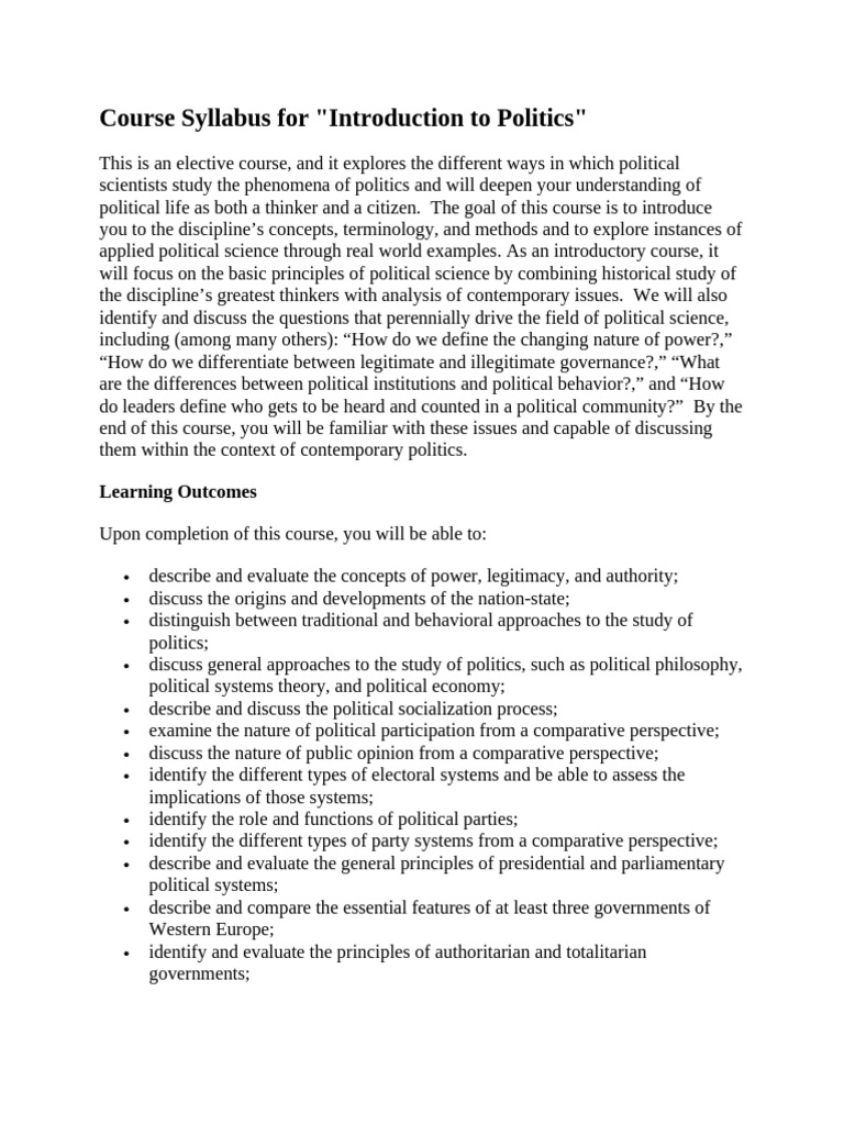 Introduction to Politics Course Syllabus | PDF | Marxism | Nazism