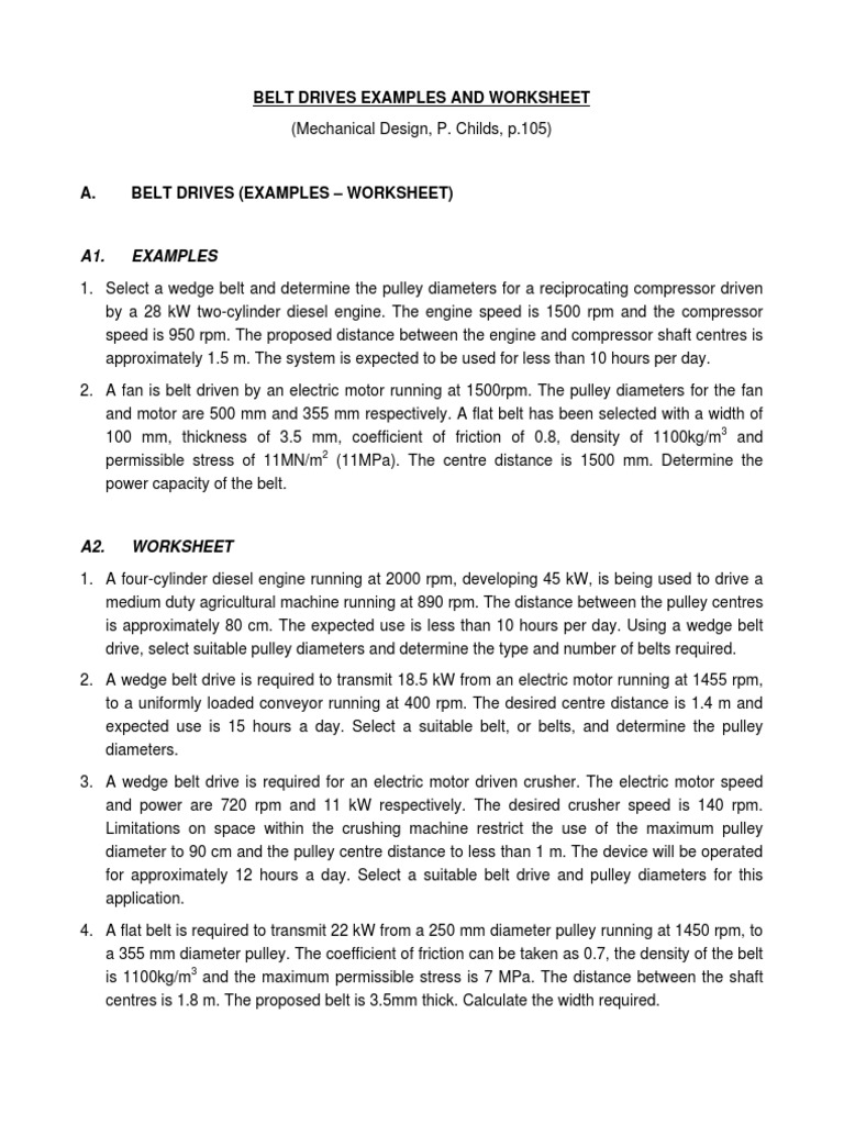 A1. Examples Belt Drives Examples and Worksheet PDF Belt (Mechanical) Engines
