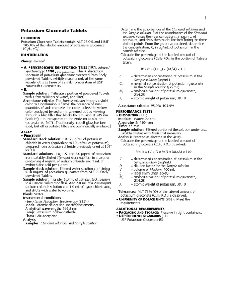 Potassium Gluconate Tablets Analysis Guide | PDF | Sodium | Potassium