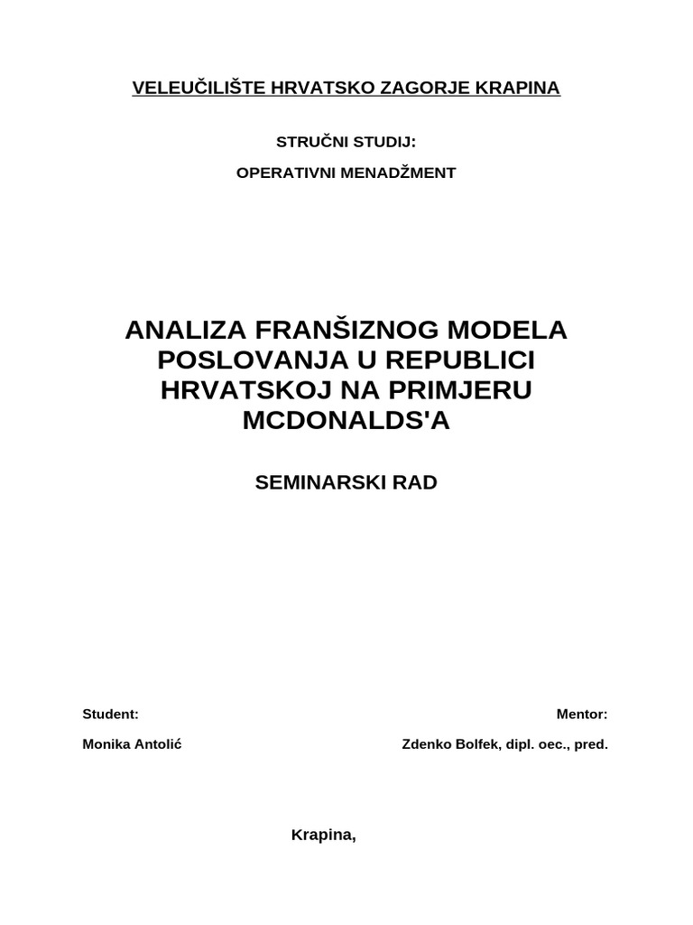 Analiza Franšiznog Modela Poslovanja u Republici Hrvatskoj Na Primjeru ...