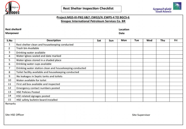 Rest Shelter Inspection | PDF