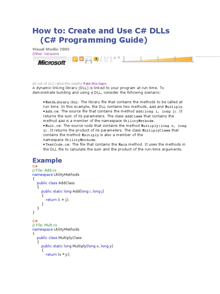 How To: Create and Use C# Dlls (C# Programming Guide) : Example | PDF ...