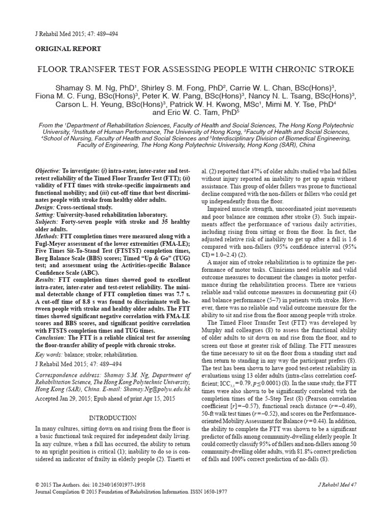 Timed Floor Transfer Test for Stroke Assessment | PDF | Standard ...