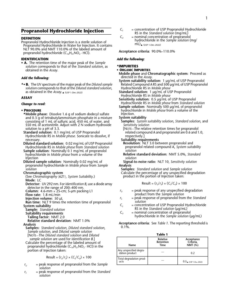 Propranolol Hydrochloride Injection Guide | PDF | Chromatography ...