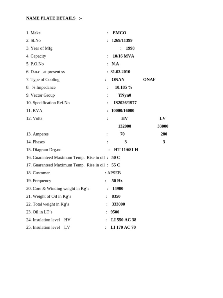 EMCO Transformer Specifications 1998 | PDF