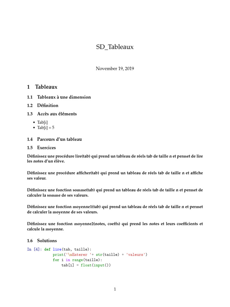 Introduction aux Tableaux en Python | PDF | Mathématiques appliqués ...