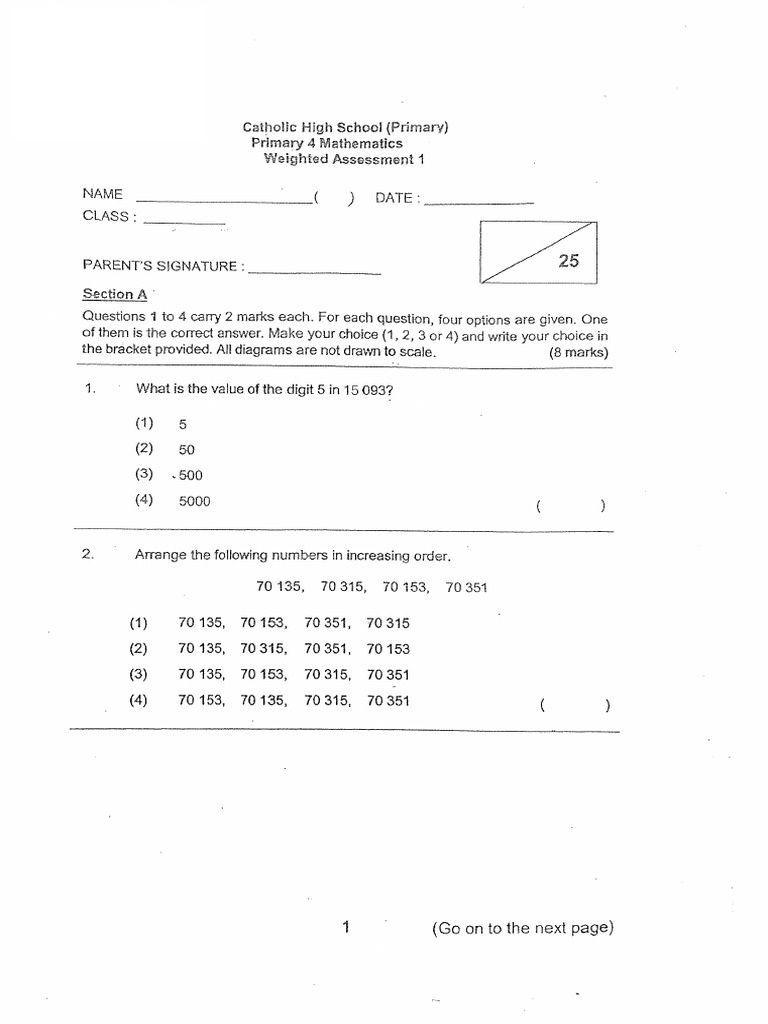 2024 P4 Maths Weighted Assessment 1 Catholic High | PDF