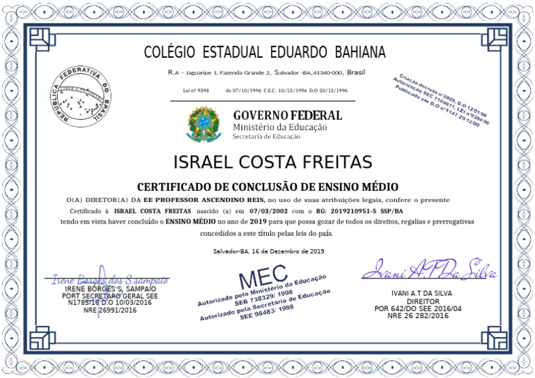 Certificado de Conclusão do Ensino Médio | PDF