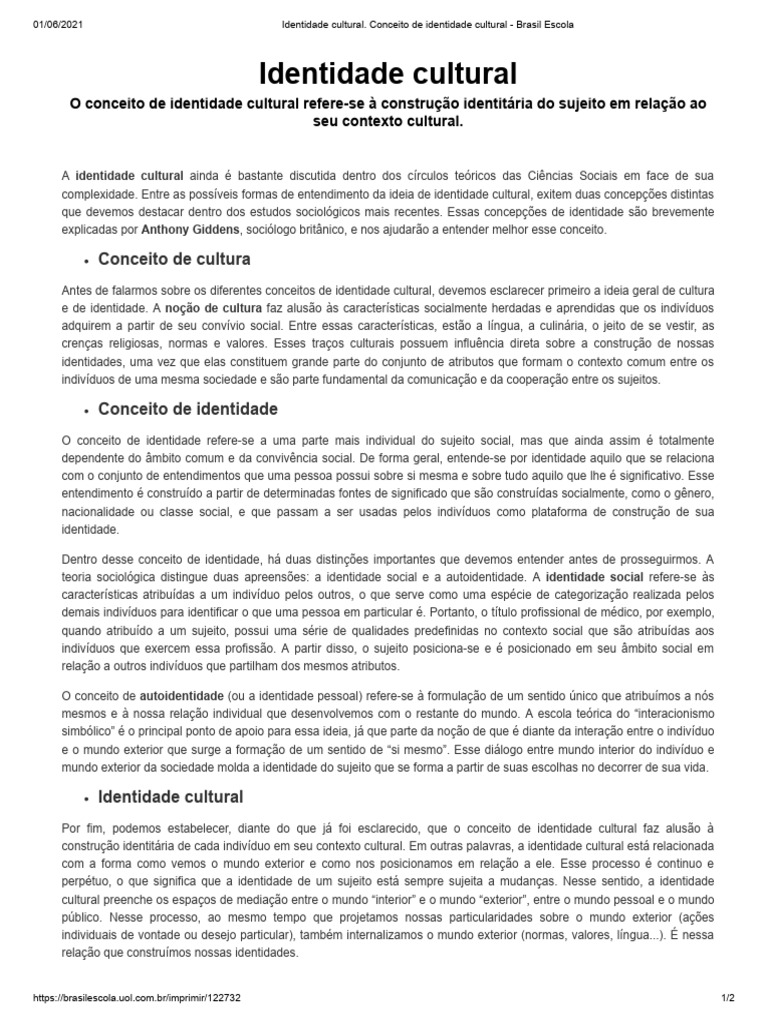 Conceito de Identidade Cultural | PDF | Sociologia | Sociedade