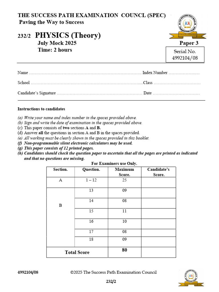 July Physics Pp2 Mock 2025 | PDF | Transformer | Sound