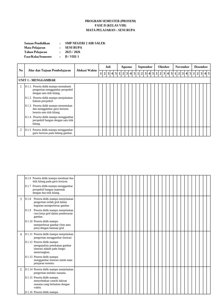 Prosem Seni Rupa Kelas VIII SMP 2025 | PDF