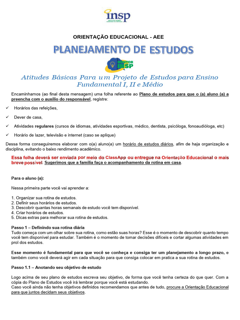 Plano de Estudos para Alunos do Ensino | PDF | Aprendizado | Tempo