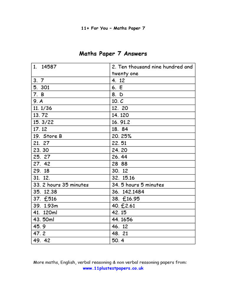 Maths Paper 7 Answers and Solutions | PDF