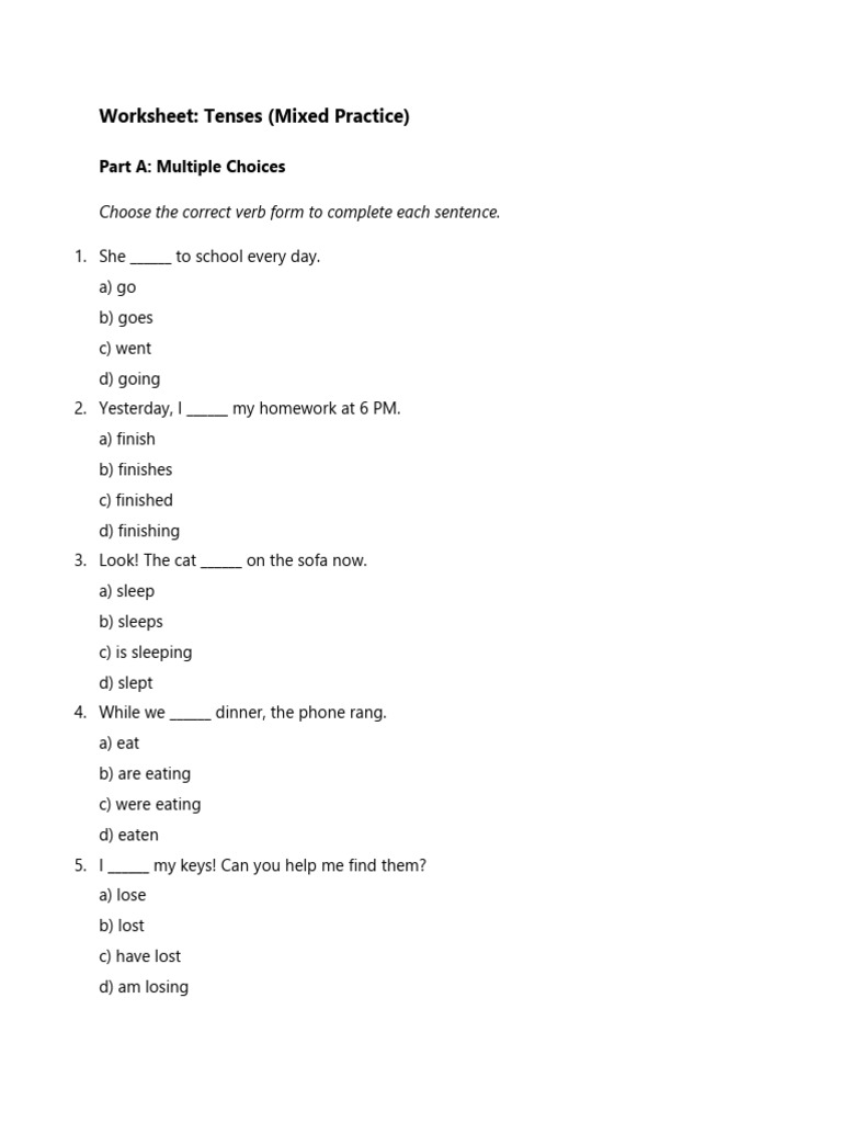 Mixed Tenses Practice Worksheet | PDF