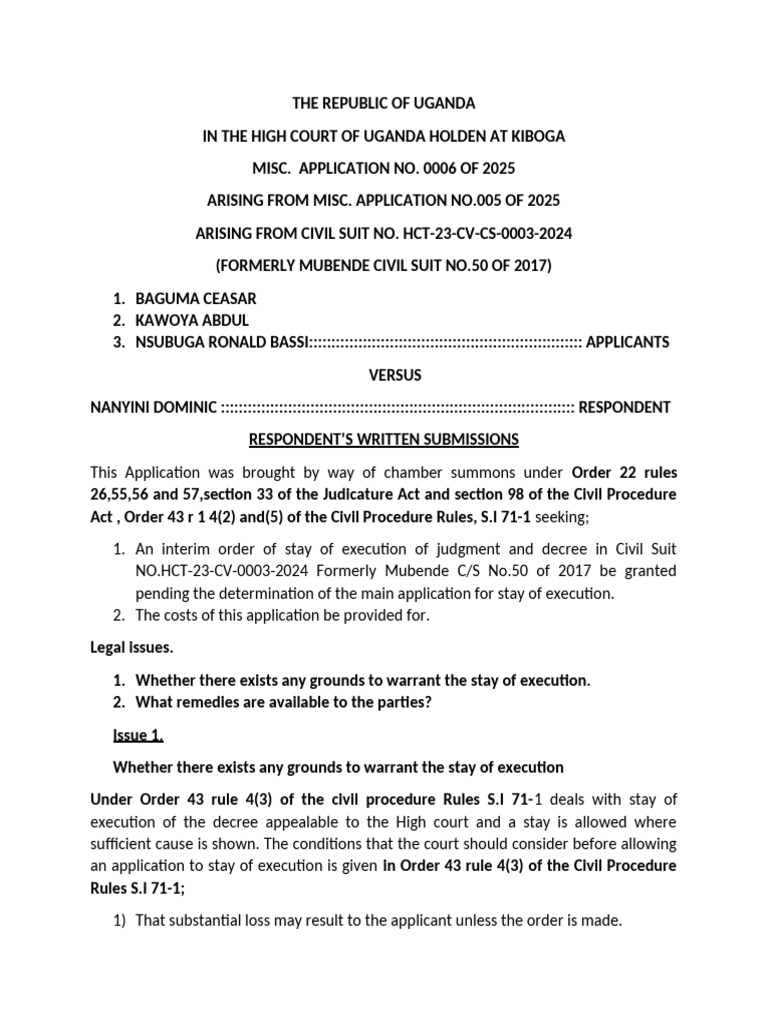 Uganda High Court Stay of Execution Application | PDF | Lawsuit ...