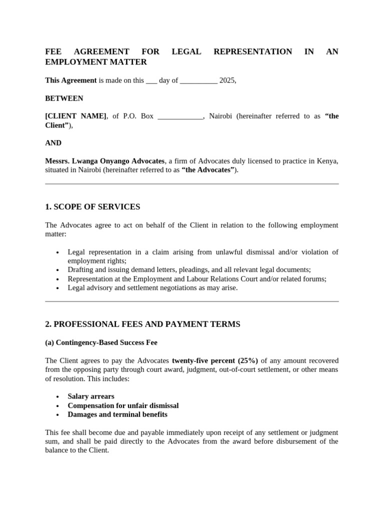 FEE AGREEMENT FOR LEGAL REPRESENTATION IN AN EMPLOYMENT MATTER | PDF ...