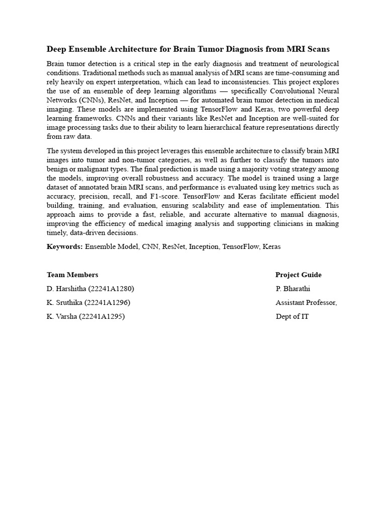 Deep Ensemble Architecture For Brain Tumor Diagnosis From MRI Scans | PDF