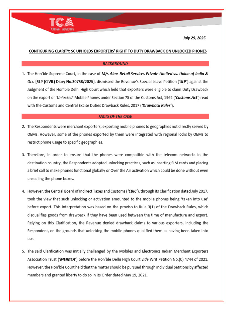 TCA_Flyer_SC Upholds Exporter's Right to Drawback | PDF | Mobile Phones ...