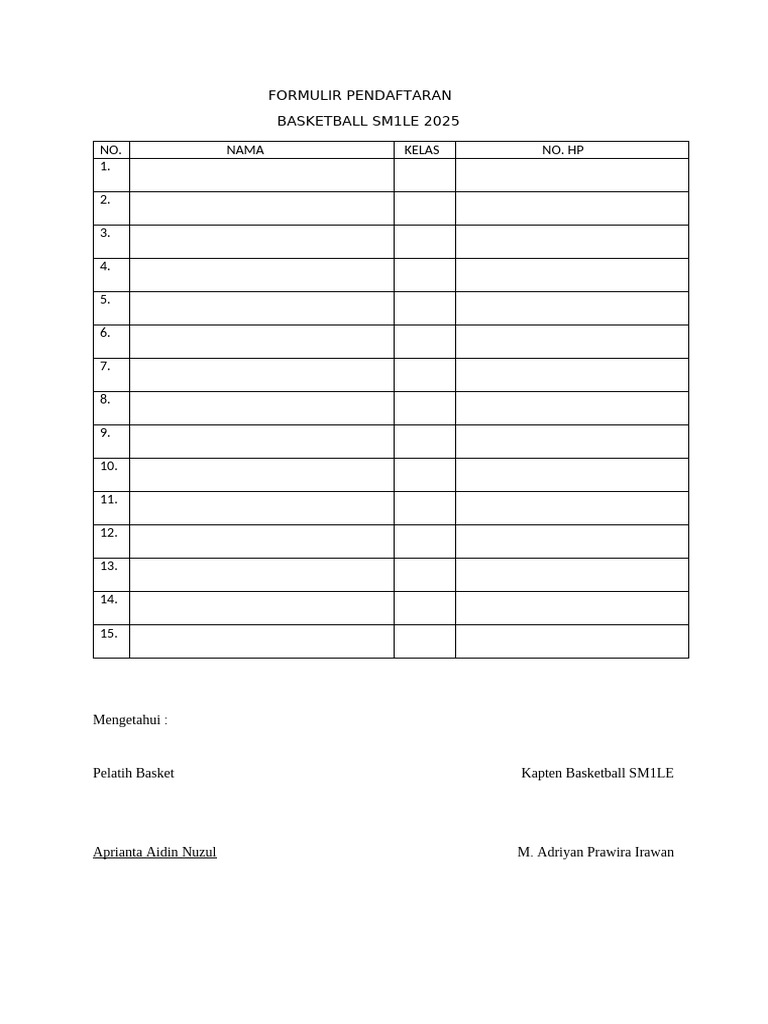 Formulir Pendaftaran Basket | PDF