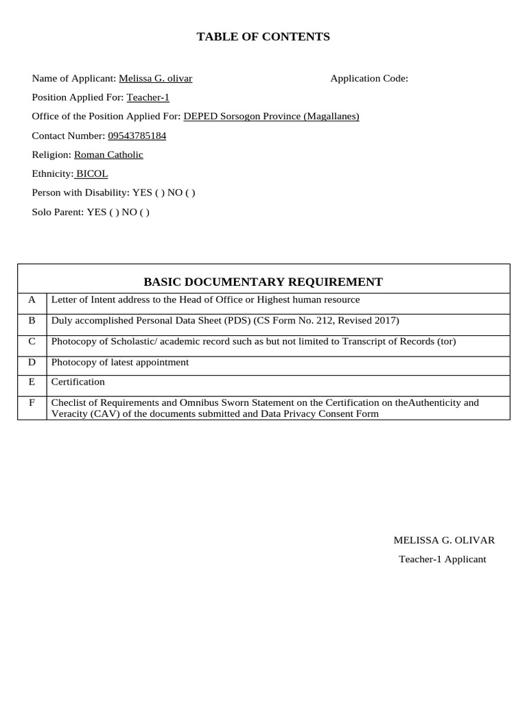 Teacher-1 Application for DEPED Sorsogon | PDF