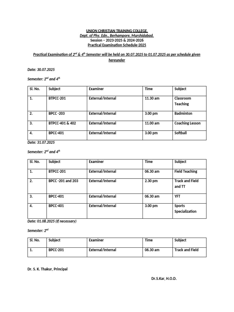 Practical Exam Schedule for 2025 | PDF
