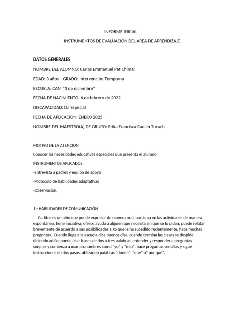 Informe Inicial | PDF | Educación de la primera infancia | Aprendizaje
