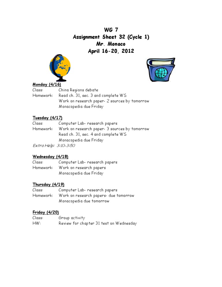 Weekly Assignment Overview: April 2012 | PDF