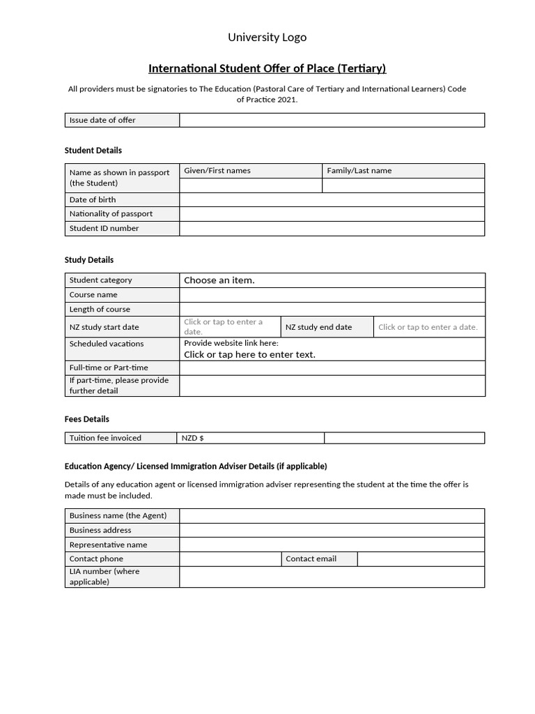 International Student Offer of Place | PDF