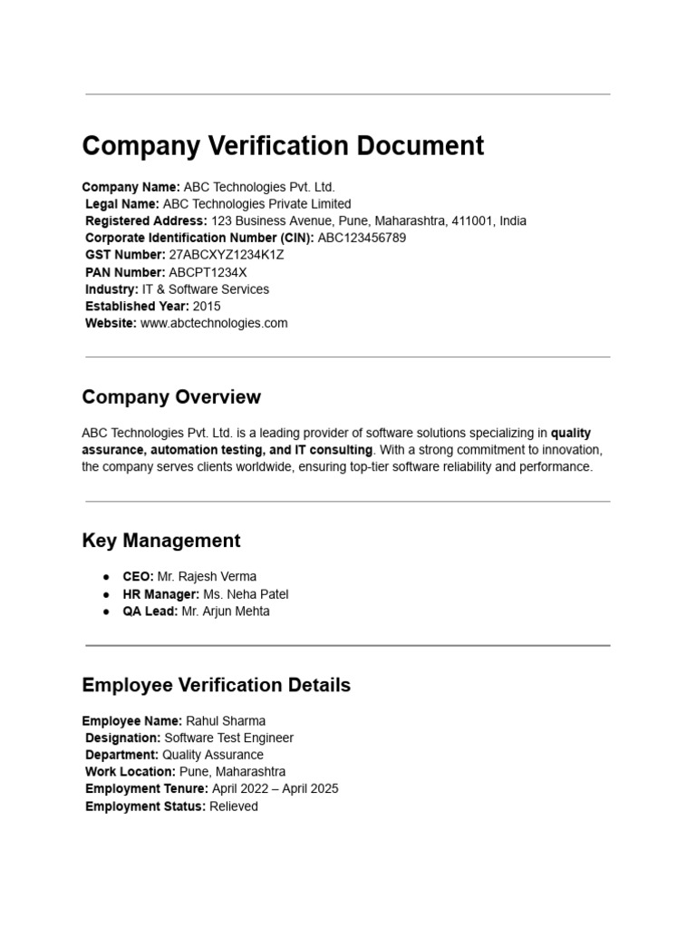 ABC Technologies Company Verification Document | PDF