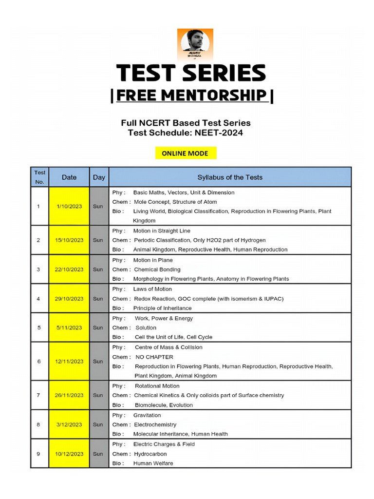 New Weekly Test Schedule (Revised) | PDF