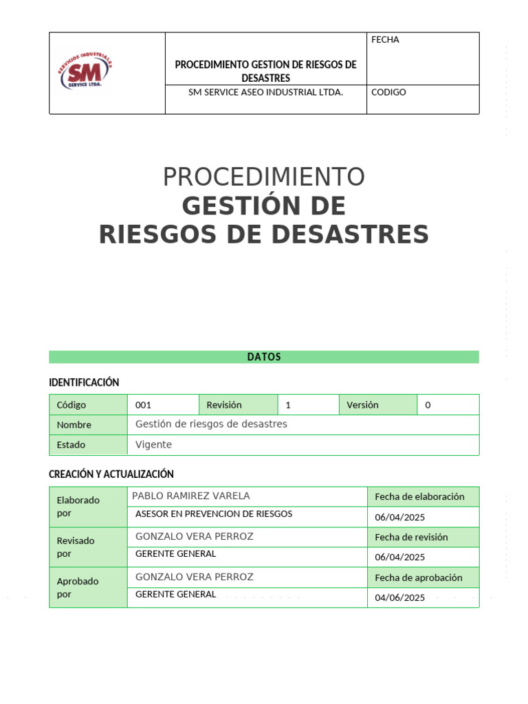 Procedimiento Gestión de Riesgos de Desastres | PDF | Riesgo ...