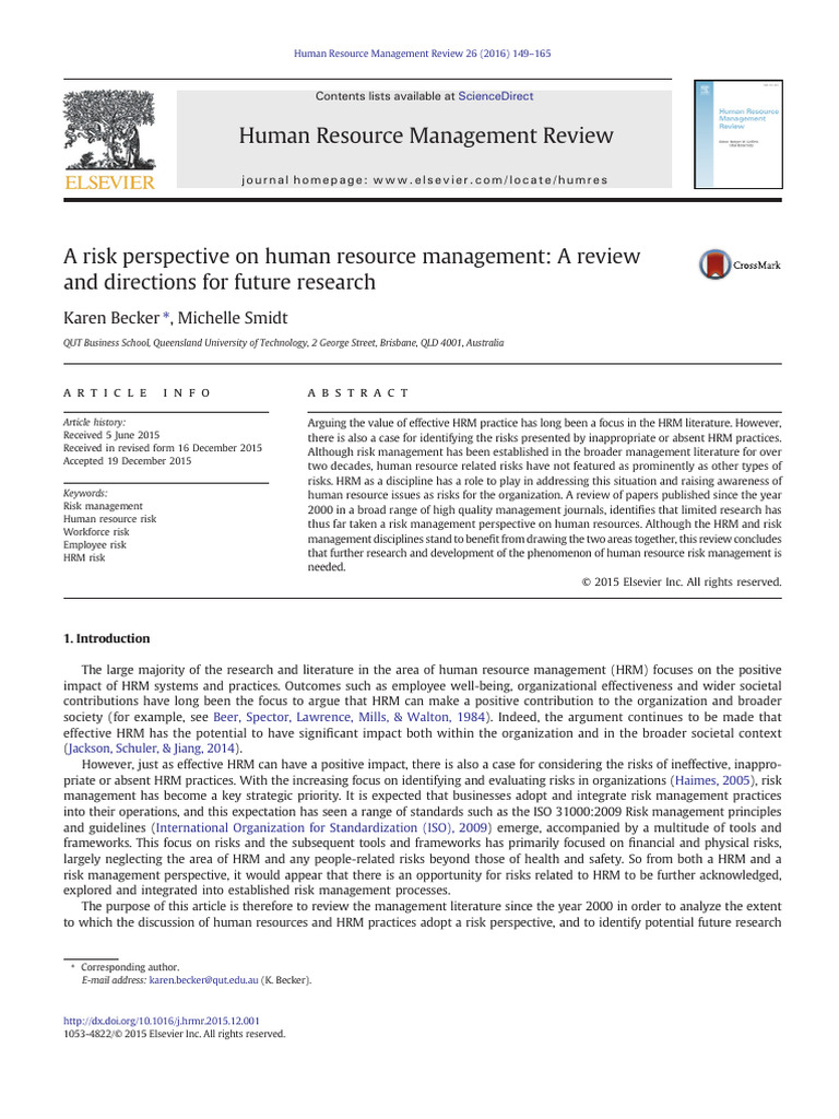 A Risk Perspective On Human Resource Management - A Review and ...