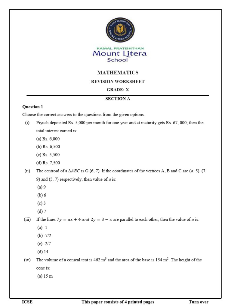 Grade X Math Revision Worksheet | PDF | Cartesian Coordinate System ...