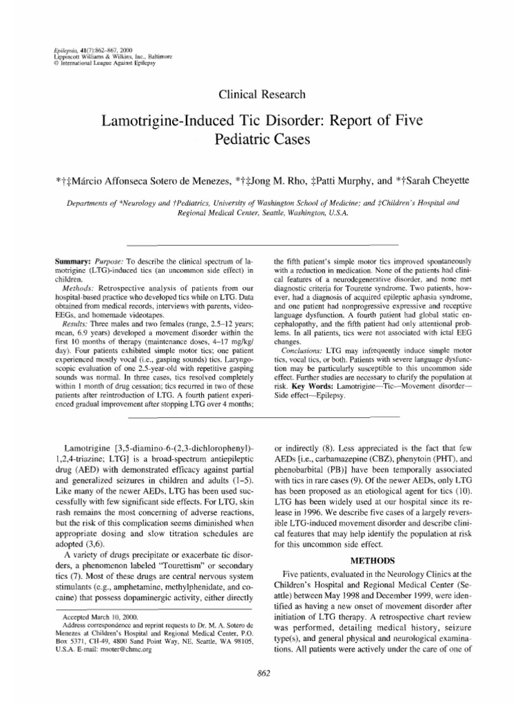 Lamotrigine-Induced Tic Disorder: Report of Five Pediatric Cases | PDF ...