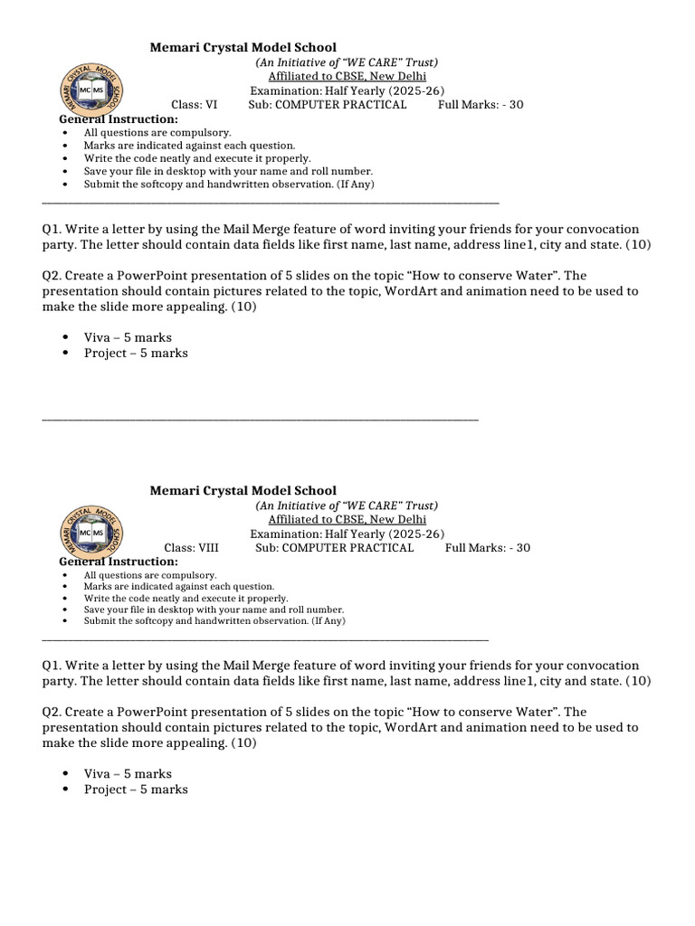 Class 6 Computer Half Yearly Exam | PDF | Office Suites | Computing