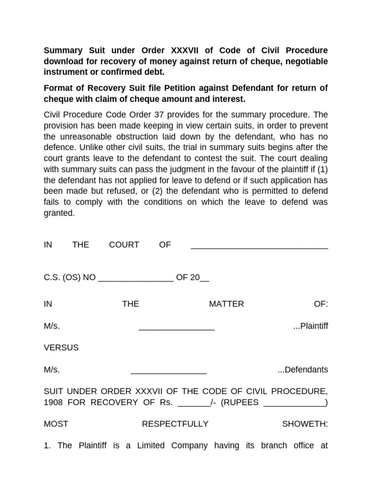 Summary Suit for Cheque Recovery | PDF | Lawsuit | Justice