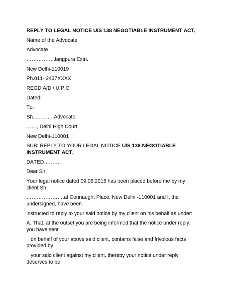 Reply To Legal Notice Sec 138 Ni Act | PDF | Common Law | Justice