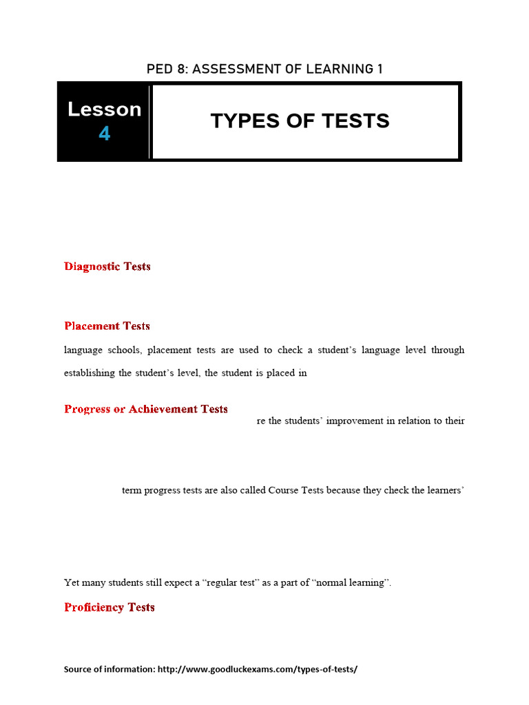 Types of Tests in Education | PDF | Educational Assessment | Reading ...