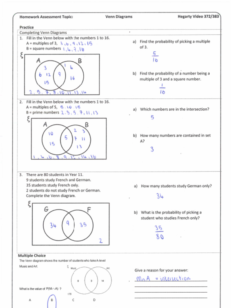 Completing Venn Diagrams Answers | PDF